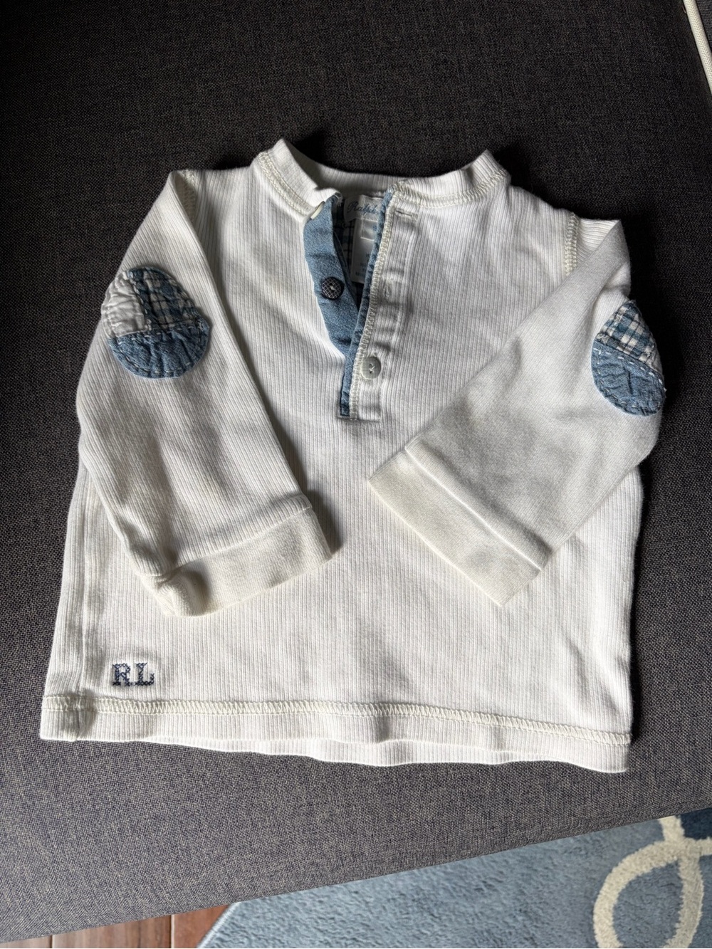 Ralph Lauren White Long-Sleeve Henley with Blue Elbow Patches - Kids